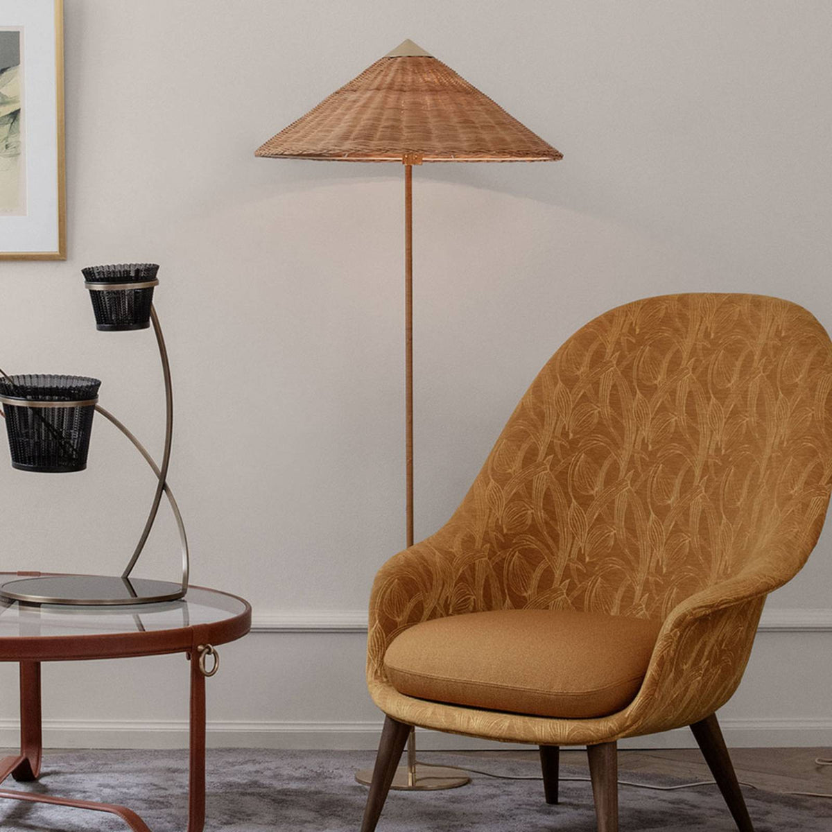 GUBI floor lamp 9602, willow wood shade
