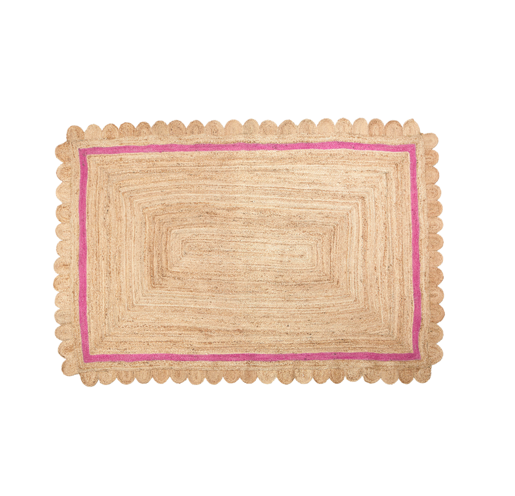 Scalloped Jute Rug with Pink Border