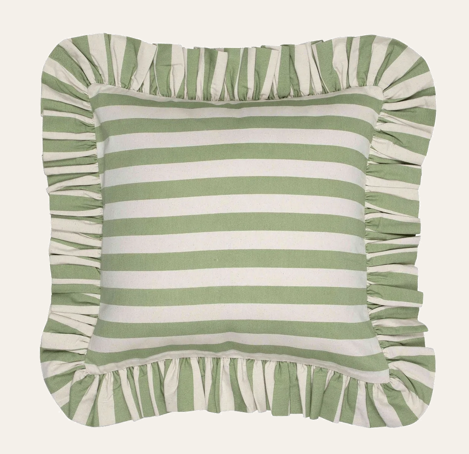 Tangier Olive Stripe Frilly Cushion